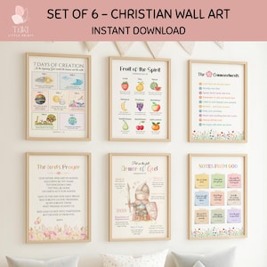 Può includere: Set di sei stampe artistiche cristiane incorniciate. Le stampe presentano vari temi religiosi, tra cui i Dieci Comandamenti, il Padre Nostro e i Frutti dello Spirito. Il testo "SET OF 6 - CHRISTIAN WALL ART INSTANT DOWNLOAD" è in alto.