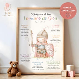 May include: A framed print with a watercolour illustration of a child knight holding a sword and shield. The artwork features French text about the armour of God. A teddy bear and blocks are in the foreground. The print is an instant download.