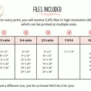 Pu&ograve; includere: Una tabella delle dimensioni di stampa digitale con un'illustrazione di farfalla. La tabella elenca le dimensioni di stampa in centimetri per i rapporti 4:5, 3:4, 2:3, 11x14 e ISO. Il testo include "FILE INCLUSI" e "Per ogni stampa, riceverai 5 file JPG ad alta risoluzione (300 dpi), che possono essere stampati in pi&ugrave; dimensioni."