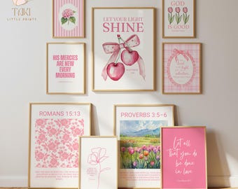 Set of 9 Pink Coquette Christian wall art Pink Bible Verse Christian Room Decor Scripture art print Girl Bible verse Christian home decor