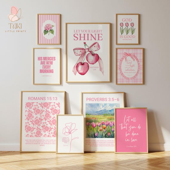 Set of 9 Pink Coquette Christian wall art Pink Bible Verse Christian Room Decor Scripture art print Girl Bible verse Christian home decor