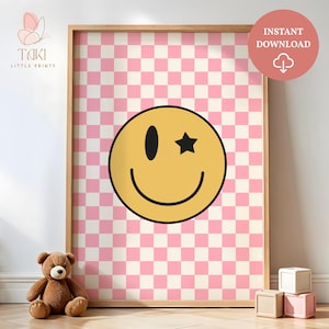 Smiley face Groovy wall decor Girl room decor porters Retro girl posters Girl wall art Girl nursery wall art Teen girl room decor print