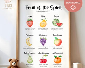 Impresión artística del fruto del Espíritu, arte cristiano para pared para niños, póster de las Escrituras, impresión artística bíblica, arte de Dios, arte de pared de frutas para decoración de habitación infantil cristiana