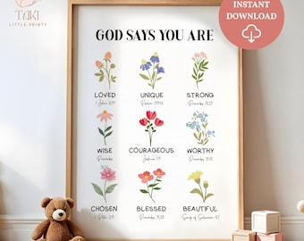 Dios dice que eres una mujer cristiana, arte mural, Día de la Madre cristiana, arte mural de flores silvestres cristianas, decoración de guardería cristiana, arte para niña cristiana