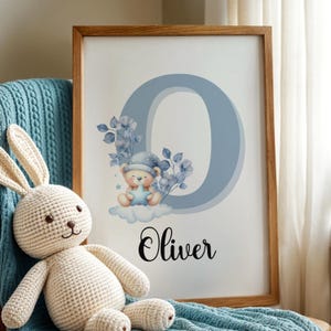 Arte de pared con nombre personalizado, inicial floral personalizada, letra personalizada, decoración de osito de acuarela, arte de pared para bebé, decoración de pared de guardería, decoración de pared para bebé niño