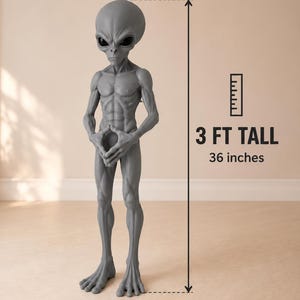 May include: A grey alien figurine with a large head, dark oval eyes, and a slender, muscular build. The figure stands upright with hands clasped in front. A graphic indicates the height is 3 FT TALL, which is equivalent to 36 inches.