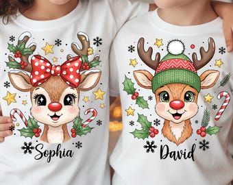 Custom Kids Reindeer Christmas PNG, Personalized Kids Christmas Png, Coquette Bow Christmas, Matching Boy And Girl Christmas Deer Png