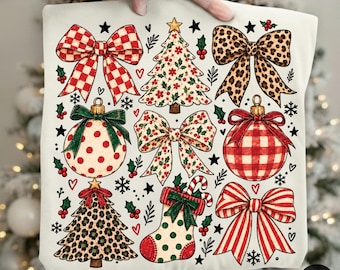 Coquette Christmas Bow PNG | Leopard Plaid Christmas Tree PNG | Retro Holiday Ornaments | Polka Dots Xmas Sublimation | Digital Download