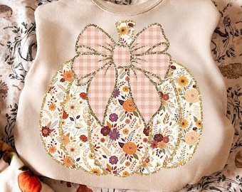 Glitter Floral Pumpkin Bow PNG, Pumpkin Season Shirt Design, Trendy Halloween Autumn Sublimation, Thanksgiving Fall Graphic