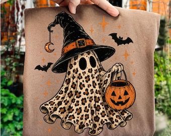 Fantasma leopardo PNG Lindo fantasma de Halloween Diseño de sublimación Temporada espeluznante Calabaza de otoño Descarga digital Gráfico de camiseta de otoño de moda