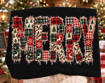 Merry Christmas PNG | Patchwork Christmas Shirt Design | Retro Plaid Xmas Sublimation | Cute Winter Holiday Digital Download