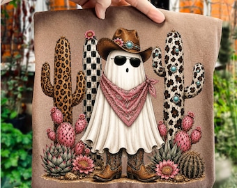 Vaquera fantasma PNG Leopardo tablero de ajedrez Cactus occidental PNG Diseño de camisa de Halloween occidental Temporada espeluznante Sublimación Descarga digital