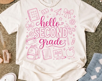 Hola, dibujo PNG de segundo grado, gráfico para camiseta de regreso a clases, sublimación de agradecimiento al maestro, PNG del primer día de clases, descarga digital