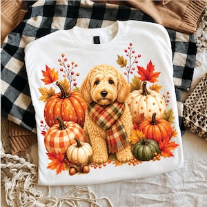 Puede incluir: Una camiseta blanca con el gráfico de un perro de color dorado que lleva una bufanda de cuadros, rodeado de varias calabazas en tonos naranja, blanco y verde, junto con hojas de otoño y ramas de bayas en tonos rojos, naranjas y amarillos.