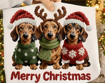 Perro salchicha de ganchillo falso (PNG), Feliz Navidad (PNG), Gancho de cierre (PNG), Mascota navideña (PNG), Perro navideño (PNG), Camiseta para amantes de los perros