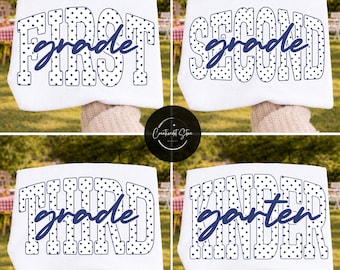 Paquete PNG de lunares y puntos para la vuelta al cole, jardín de infancia, 1.º, 2.º, 3.º, 4.º y 5.º de primaria, diseño de camiseta para el primer día de clase, descarga digital.