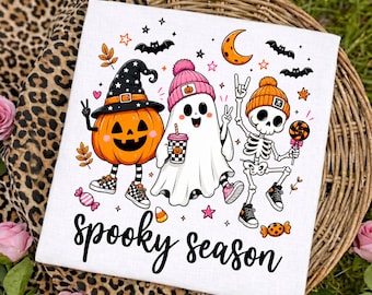 Diseño de camiseta divertida de Halloween con fantasma y esqueleto en formato PNG. Descarga digital por sublimación. Ideal para la temporada de otoño y calabazas.