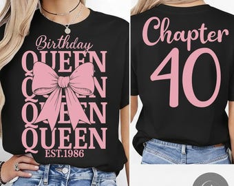 Birthday Queen Est. 1986 SVG PNG, 40th Birthday Shirt Design, Chapter 40 Birthday Women Pink Coquette Bow Sublimation Design