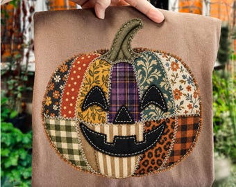 Faux Patchwork Pumpkin Fall PNG Floral Halloween Jack O Lantern Shirt Design Trendy Autumn Farmhouse Sublimation Digital Download