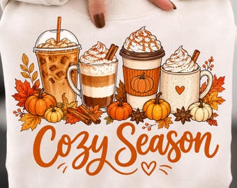 Diseño de camiseta de otoño con temática acogedora en formato PNG: Latte de calabaza con especias, Día de Acción de Gracias, descarga digital por sublimación.