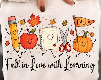 Fall in Love with Learning PNG, Fall Teacher PNG, Cute School Doodles, Thanksgiving Teacher Classroom Sublimation, Autumn Digital Download