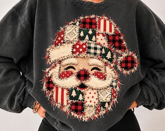 Patchwork Santa PNG, Retro Christmas Shirt Design, Merry Christmas PNG, Trendy Xmas Sublimation, Cute Winter Holiday Digital Download