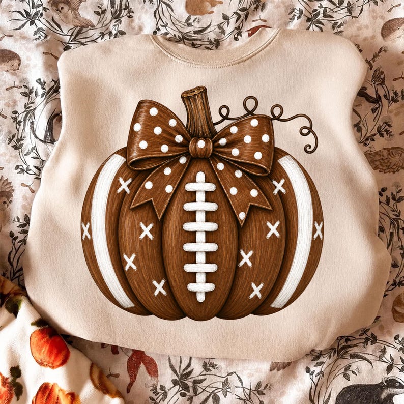 May include: A beige crewneck sweatshirt featuring a large graphic of a brown pumpkin designed to resemble a football. The pumpkin has white laces, white stripes, and a brown bow with white polka dots attached to the stem on the front center.