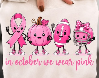 En octubre vestimos de rosa PNG Diseño de camiseta con garabato sobre el cáncer de mama Lindo fútbol Calabaza Día del partido Sublimación Descarga digital