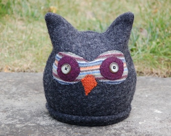 Upcycled 100% Felted Wool Sweater Owl Hat