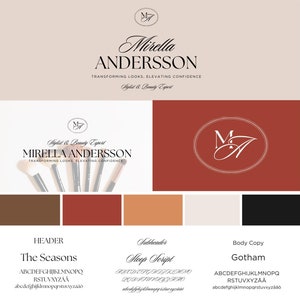 Könnte beinhalten: Ein Styleguide für Mirella Andersson mit Logo, Farbpalette und Typografie. Der Guide enthält Logo-Beispiele, Schriftarten und eine Auswahl an Make-up-Produkten und Kleidung.