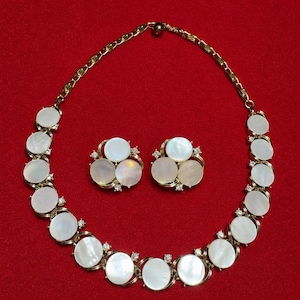 Vintage Lisner Mother of Pearl Rhinestone Necklace Earrings Set Gold Tone