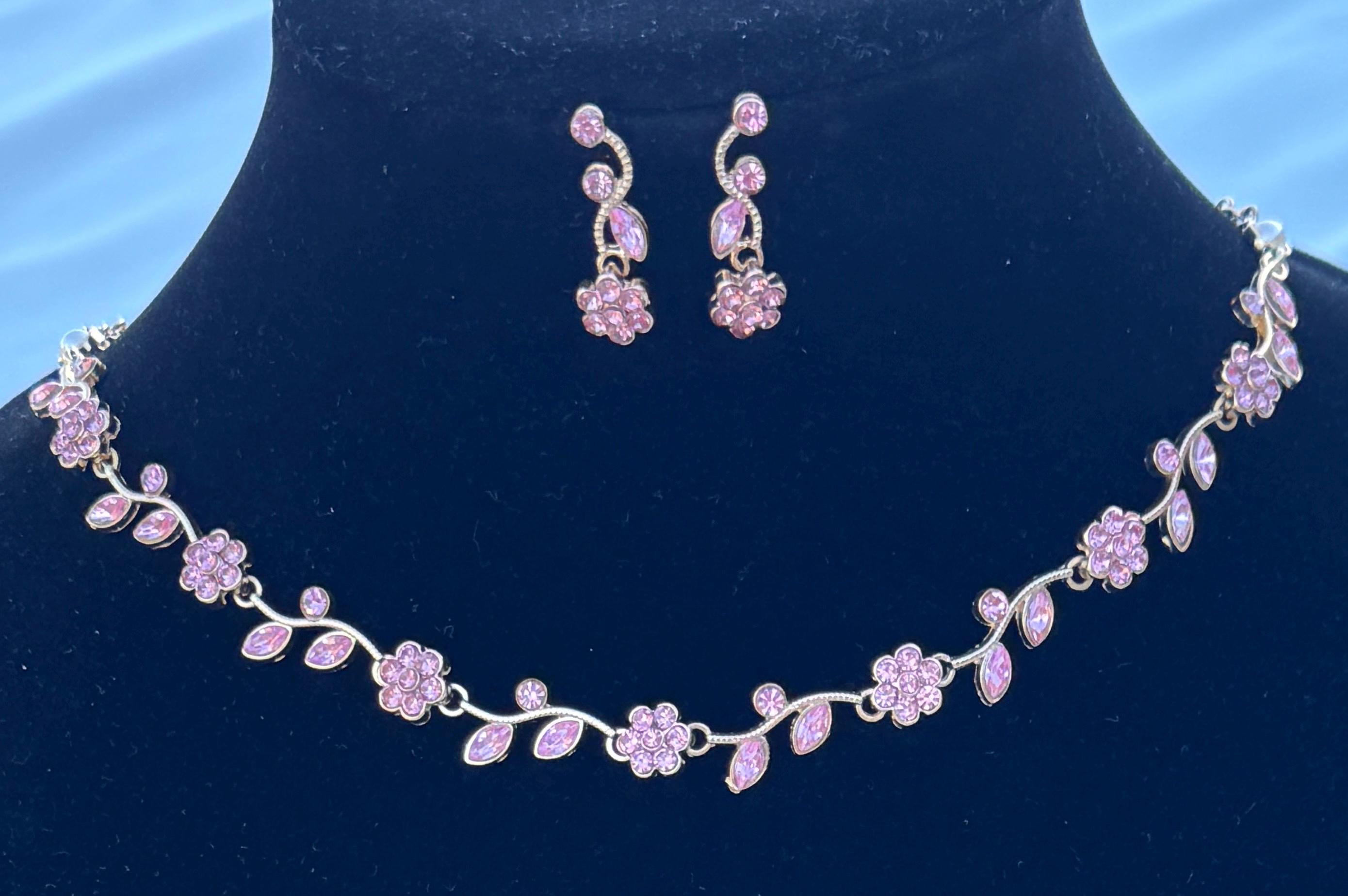 Pink Crystal Floral Jewelry Set, Vintage Inspired Necklace, Earrings, Bracelet