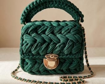Handmade Crochet Handbag – Forest Green Bag for Women