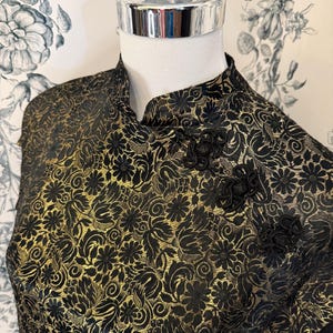 1970&#39;s Vintage Black and Gold Brocade Cheongsam Dress - Size 12