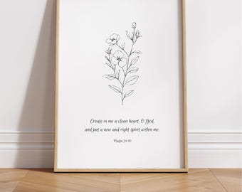Könnte beinhalten: Eine Schwarzweiß-Zeichnung einer Blume mit dem Text "Schaffe in mir ein reines Herz, Gott, und gib mir einen neuen und rechten Geist. Psalm 51:40"