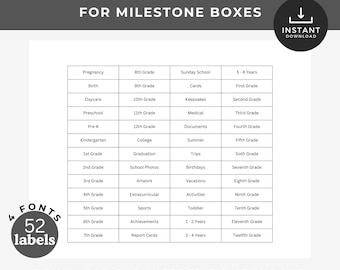 Printable Milestone Tote Labels, File Box Tab Labels for Memory Boxes & School Filing System, Child Box Keepsake, Instant Download