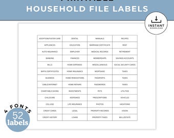 Document Box Tabs for Household Labels, File Box Tab Labels for Document Storage, Hanging folders Home Organization, PDF Instant Download