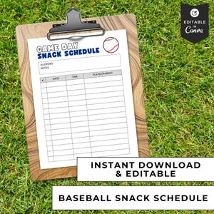 Könnte beinhalten: Druckbarer Baseball-Snack-Zeitplan-Vorlage mit einer Baseball-Grafik. Die Vorlage enthält Abschnitte für Datum, Uhrzeit und Spieler/Elternteil.