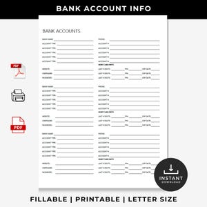 Afdrukbare bankrekeninggegevenstracker, bankrekeninglogboek, invulbare pdf bankrekeningtracker, tracker bankgegevens, direct downloaden