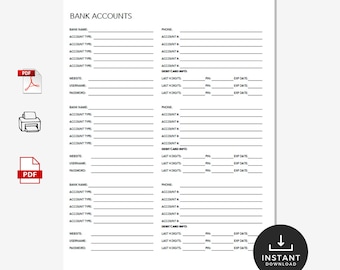 Bank Account Information Tracker: Fillable PDF, Bank Detail Log (Instant Download)