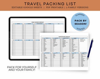 Editable Travel Packing List, Travel Checklist Printable for Summer Travel, PreFilled & Blank, Packing Checklist and Travel Organizer