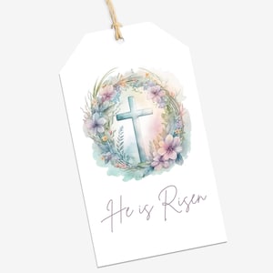 Etiqueta de Pascua cristiana - Etiqueta de regalo imprimible &quot;Él ha resucitado&quot; - Favor religioso de Pascua, Jesucristo, Día de la Resurrección, Etiqueta de canasta de Pascua