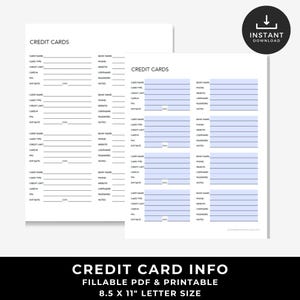 Suivi des informations de carte de crédit imprimable - liste des cartes de crédit, suivi des cartes, journal des cartes de crédit, classeur Just In Case, téléchargement numérique instantané