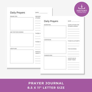 Puede incluir: Dos páginas blancas de diario de oración imprimibles con indicaciones para la reflexión diaria. Las páginas incluyen secciones para la alabanza, la gratitud y la confesión. El diario mide 21,6 x 27,9 cm y está disponible para descarga instantánea.