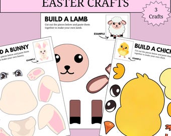 May include: Easter crafts set with instructions to build a bunny, a lamb, and a chick. The set includes cut-out pieces and example images for each craft. The text "Easter Crafts" is at the top, with instructions to cut and paste the pieces together.