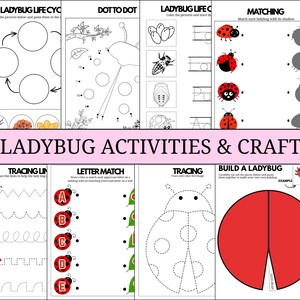 Pode incluir: Uma folha de atividades imprimível intitulada "Ladybug Activities & Craft" com vários jogos educativos. Inclui um ciclo de vida da joaninha, ponto a ponto, exercícios de correspondência, rastreamento e correspondência de letras. A folha é principalmente preta, branca e vermelha.