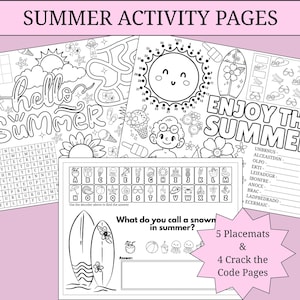 May include: Summer activity pages featuring various summer-themed puzzles and games. Includes word searches, dot-to-dot, mazes, and code-breaking activities. The pages are black and white, with illustrations of suns, surfboards, and ice cream.
