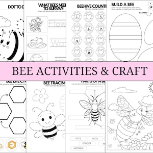May include: A collection of black and white bee-themed activity sheets. The sheets include dot-to-dot, tracing, counting, and cut-and-paste activities. The title "BEE ACTIVITIES & CRAFT" is displayed in large letters across the center of the image.