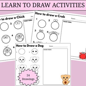 以下が含まれることがあります： 「Learn to Draw Activities」のテキストが入った、白黒の指導用描画シート。ひよこ、カニ、犬の描き方のステップバイステップの説明が記載されています。ピンク色のスターバーストグラフィックには「24 Drawings」と書かれています。