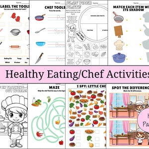 May include: A collection of children's activity pages focused on healthy eating and chef-themed activities. The pages include labeling tools, matching games, mazes, and coloring pages. The title "Healthy Eating/Chef Activities" is displayed prominently.